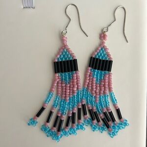 Authentic Vintage Native American Bead Earrings Pink Blue Black